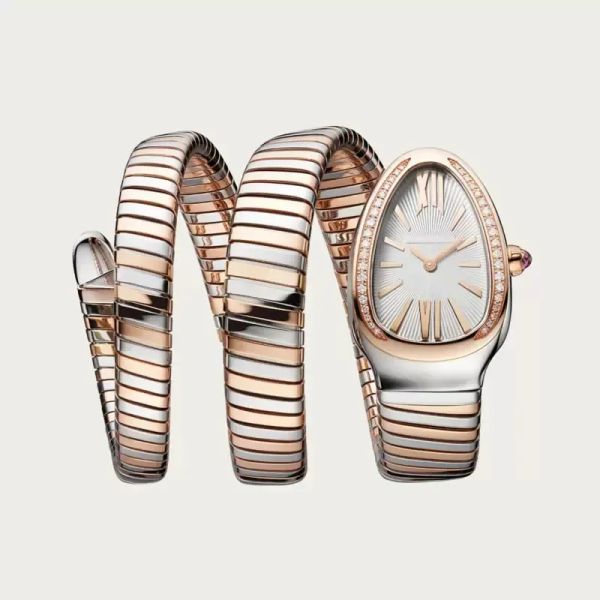 

luxury women watch quartz movement snake watches diamond bezel silver rose gold stainless moissanite watch ced out watch, Slivery;brown