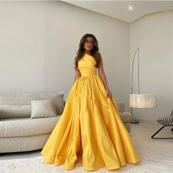 

a-line yellow evening dresses long 2023 elegant saudi arabia stain one shoulder robes de soiree simple floor length formal prom occasion gow, Black