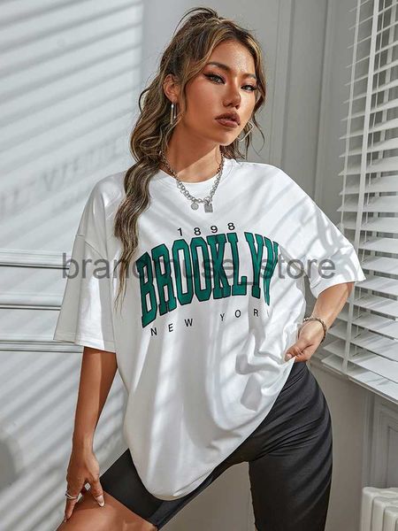 

women's t-shirt 1898 brooklyn new york letter drop shoulder priting cotton women t-shirt vintage simple clothes female t shirt j230619, White