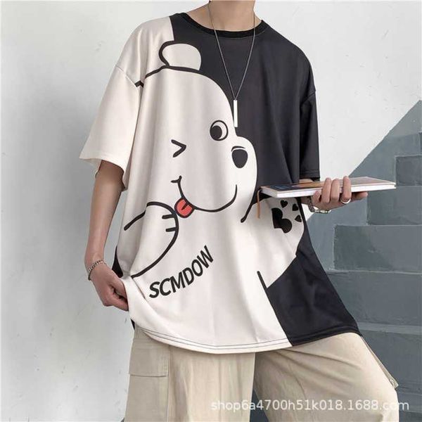 

academy style panda cartoon print, short sleeved summer t-shirt, men's and women's loose mesh red, popular half sleeved fashion, White;black