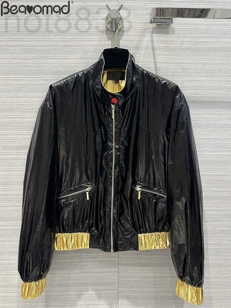 

women's jackets designer spring autumn vintage patchwork leather jacket coat lantern sleeve pockets elastic ztyn, Black;brown