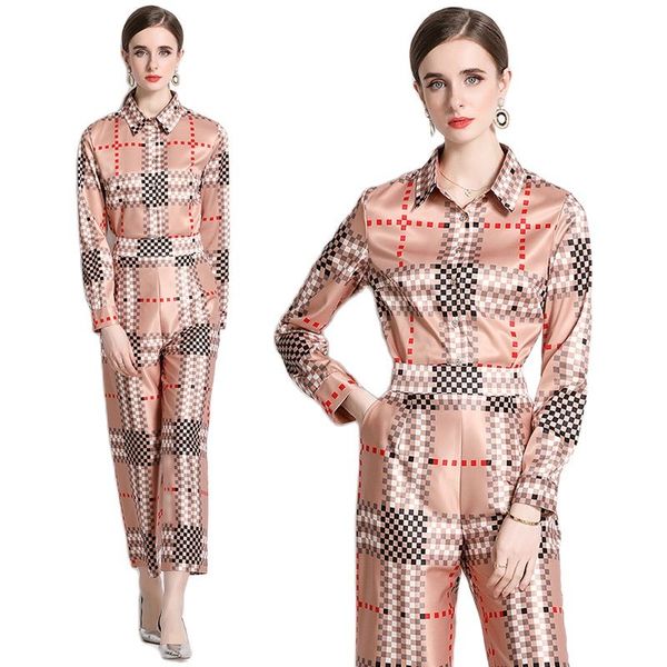 

luxury designer and pants women's sets print two piece set 2023 fashion elegant button front shirt and slim wide leg pant spring autumn, White