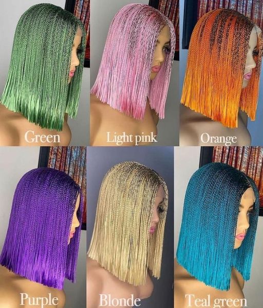 

natural looking 12 inch short bob style lace front wigs synthetic hair colorful twist braids wigs for black woman