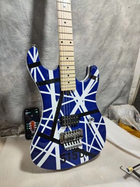 

eddie edward van halen kram 5150 blue electric guitar black white stripes, floyd rose tremolo bridge, locking nut, maple neck & fingerboard