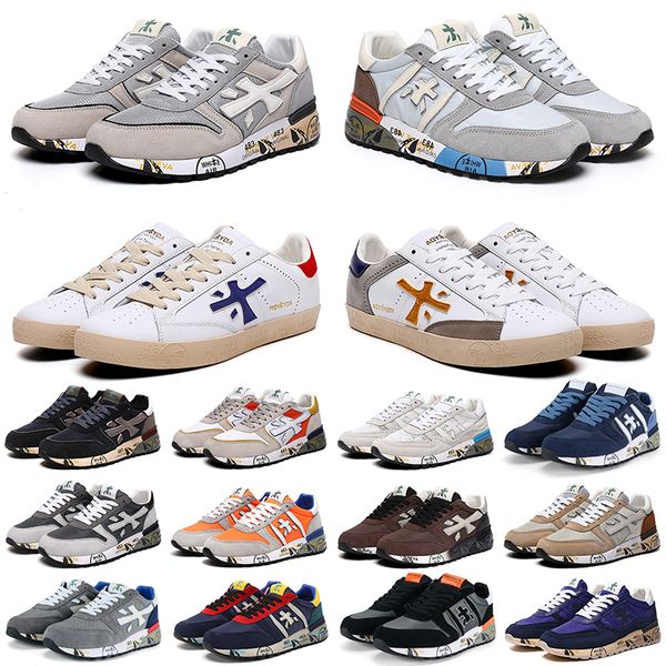 

designer sneakers luxury italy brand premiatas steven genuine training shoes premiata layer leather cowskin mick lander brown blue oragne ca, Black