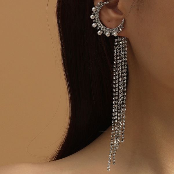 

long tassel style versatile and exquisite earrings new high-end slimming full diamond moon pearl earrings, Silver