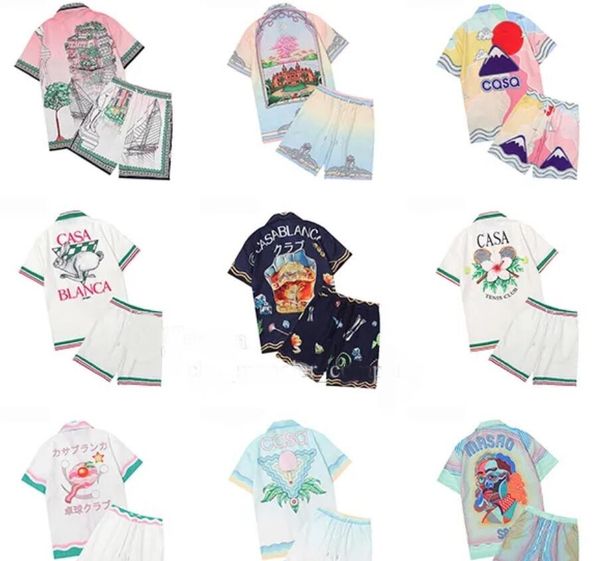 

casablanc-s 22ss designer men t shirt set masao san print mens casual shirt and short womens loose silk shirt tees transportation men tshirt, White;black