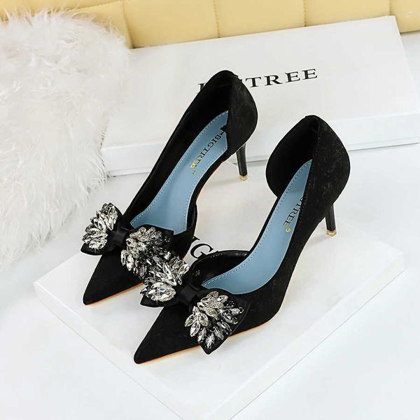 

banquet nightclub pumps women's party shoes rhinestone bow tie high heeled casual shoes, Black
