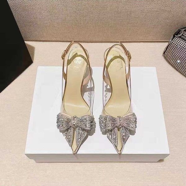 

2023 spring/summer crystal transparent high heels women's slim slippers pointed rhinestone bowknot champagne bridal wedding shoes, Black