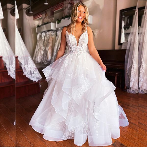 

backless appliques straps wedding dress a line tiered skirts ruffles beach country bridal gown dress for bride, White