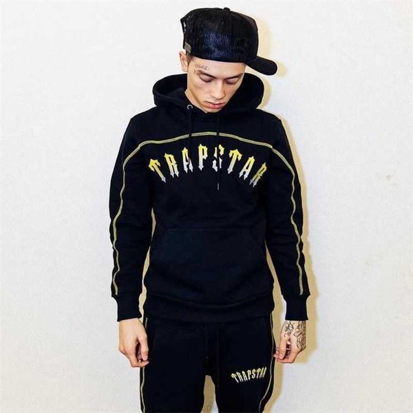 

designer clothing mens sweatshirts fashion streetwear beautiful trapstar gradual embroidery letter plush hooded sweater pants autumn winter, Black
