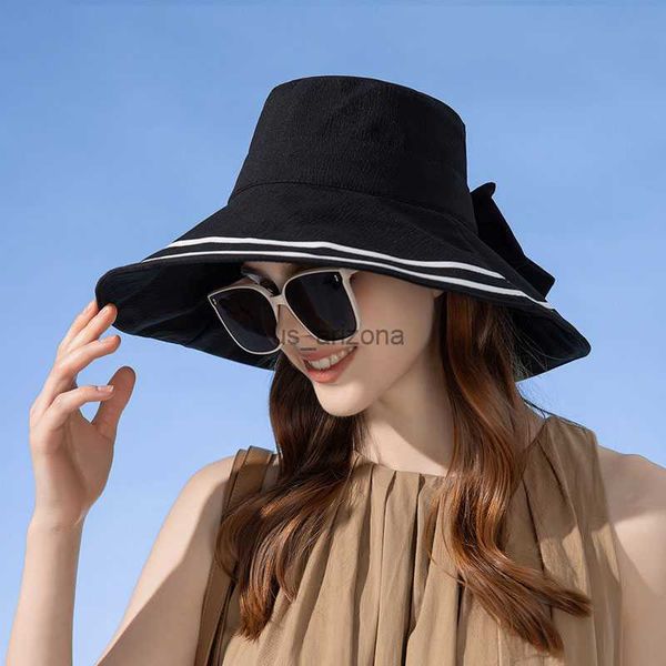 

ladies summer bow bucket hat woman outdoor uv protection fisherman cap girl travel wide brim sun beach hat solid colors hats l230620, Blue;gray