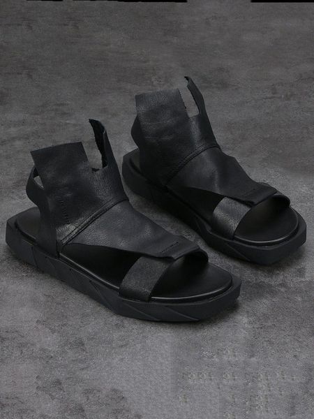 

new summer footwear genuine leather shoes men hollow out open toe platform gothic sandal high street mens casual beach sandals, Black