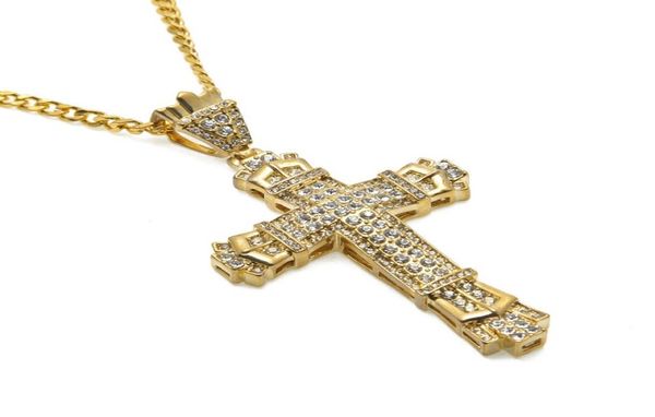 

fashion mens hip hop big gold silver cross pendant necklace iced out full rhinestone jewelry 70cm long chain men necklaces for gif4106200