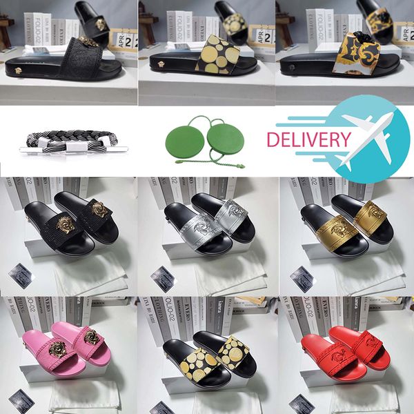 

designer mens rubber pool slide coral pink womens medusa-head plaque slip on slides summer open toe slipper luxury la medusa sandal slide be, Black