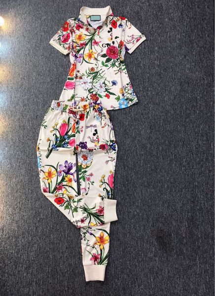 

classic designer 2 piece set woman fashion floral pattern print white lapel t shirt elastic waist drawstring casual pants designers women cl