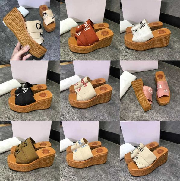 

luxury designer slippers for women sandals ch0le sail woody flat mules slides heels wedge woman canvas square toe straw platform summer sand, Black