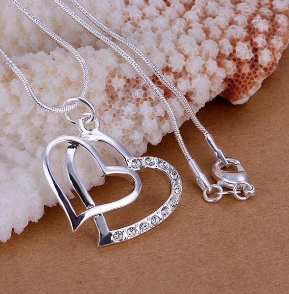 

low 925 sterling silver rhinestone crystal fashion classic double heart pendant necklace jewelry 2037935