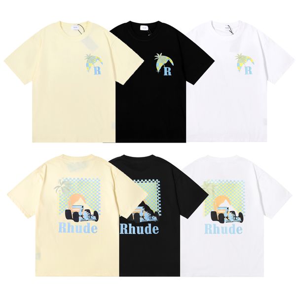 

designer t-shirts european and american trendy brand rhude moonlight tropics coconut racing print cotton mens tees casual short sleeve t-shi, White;black