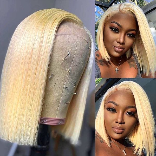 

13x4 bob frontal wig 613 honey blonde straight brazilian lace front human hair wig remy short bob wigs for women t part wig, Black;brown