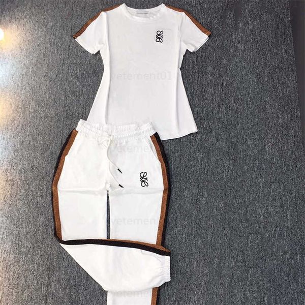 

t shirt summer two piece set women fashion pattern embellished round neck tshirt casual drawstring elastic waist pants sets for womens, White