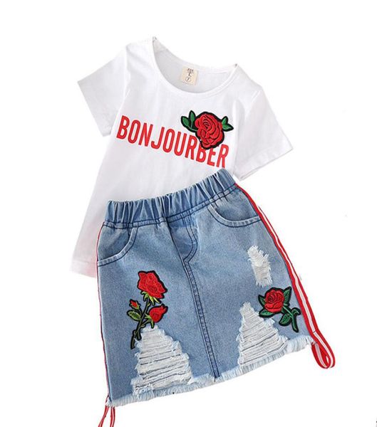 

kids designer clothes girls outfits children rose embroidered ole denim skirts 2pcsset 2021 summer boutique baby clothing se3175093, White