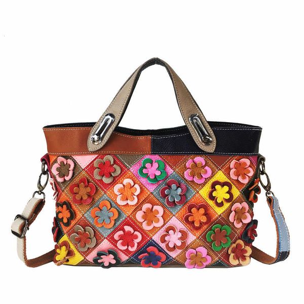 

totes leather women's bag with diamond grid patchwork cowhide carrying crossbody bag colorful genuine flower 230619