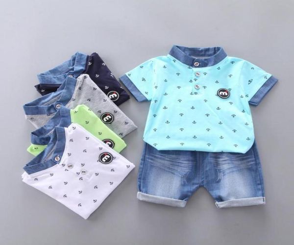 

clothing sets summer 04years infant baby boys girls clothes crown pattern print tshirt denim shorts kids casual outfits1093246, White