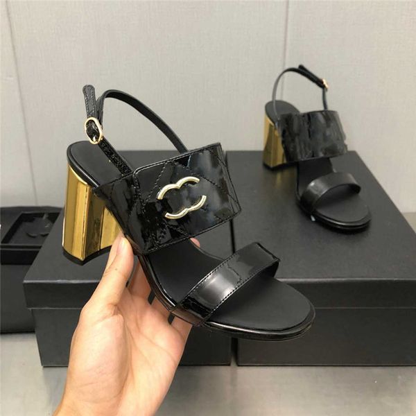 

fashion sandals luxury design 2023 channel women's high heels business work leather canvas casual student sandals 012-011, Black