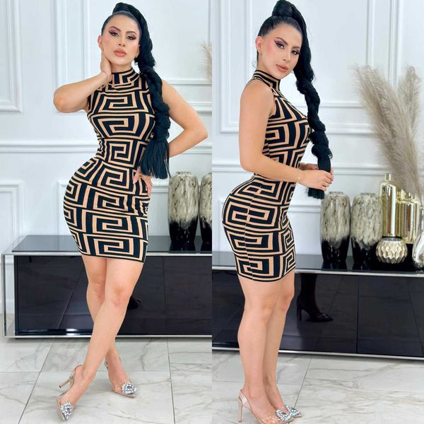 

summer new print pattern sleeveless mid waist bag hip simple elegant low key luxury fashion atmosphere elegant dress, White;black