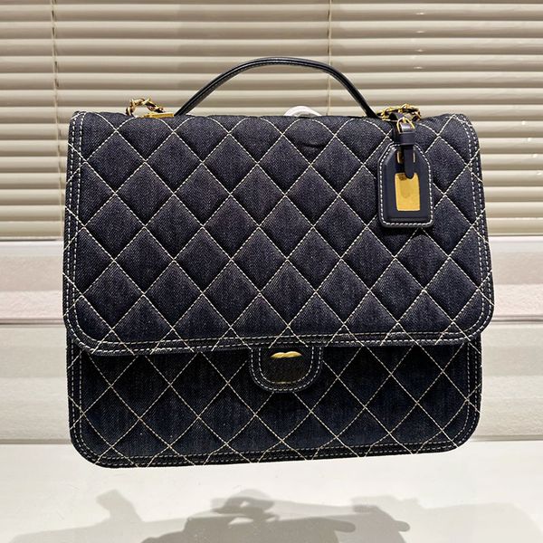 

23c blue denim women designer large backpack bag with handle litter nameplate gold hardware turn lock adjustable leather strap high-capacity