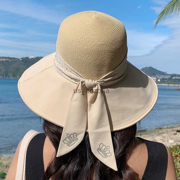 

summer fashion straw hat for women wide brim uv protection outdoor beach lady visor with bright diamond ribbon female sun cap l230620, Blue;gray