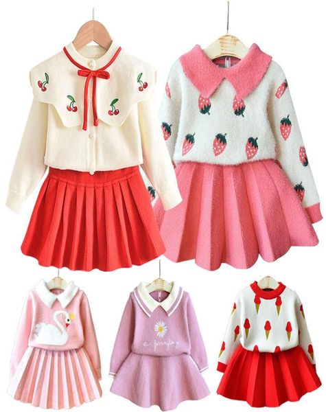 

baby girl clothes new female baby sweater set children plaid print knitted suit sweater girls warm sweater two piece skirt designe9408500, White