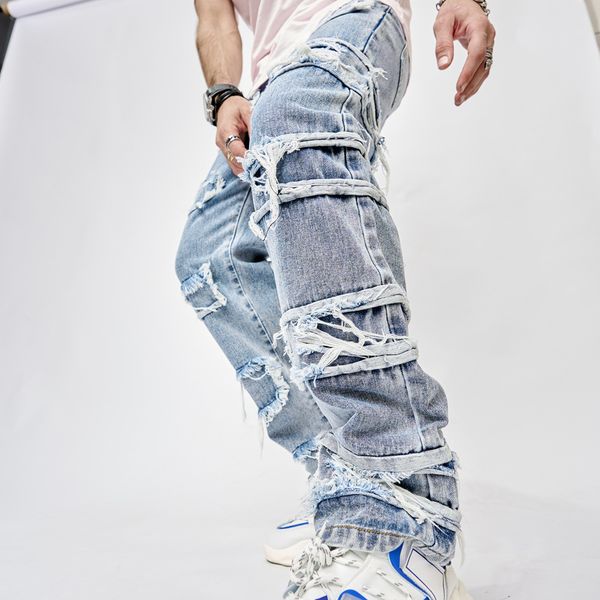 

men's stacked jeans distressed destroyed straight denim pants streetwear clothes casual jean, Blue