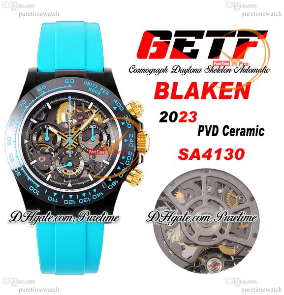 

getf blaken sa4130 automatic chronograph skeleton mens watch pvd ceramic bezel candy dial 904l steel cyan rubber super edition reloj hombre, Slivery;brown