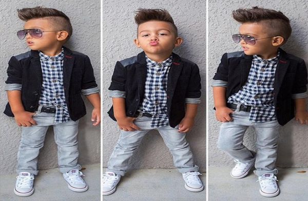 

baby boys gentlemen suit coatplaid shirtjeans 3 pieces clothing sets kids designer boutique clothes children outfits c62856199702, White