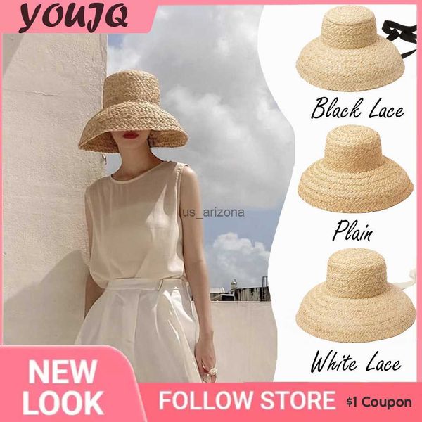 

french summer raffia straw hats for women retro flat drooping hat brim hand-made ladies outdoor sun protection beach straw gorra l230620, Blue;gray