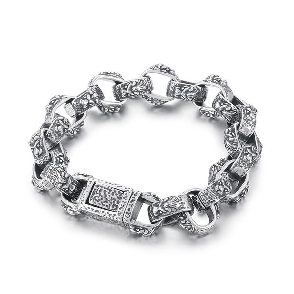 

casting stainless steel biker lion link chain bracelet for mens gifts 14mm 8.66inch 68g vintage silver father gifts, Black