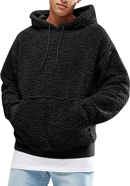 

mens pullover hoodie sweatshirts fuzzy sherpa long sleeve sport front pocket military fall outwear winter hooded, Black