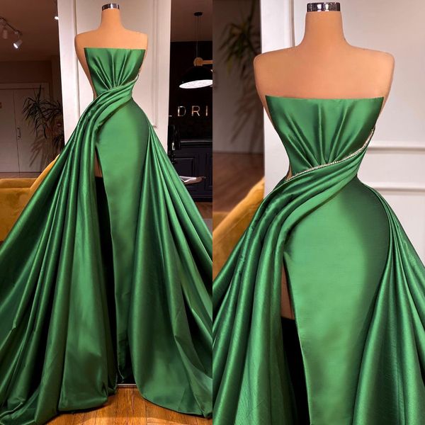

elegant green evening gown strapless slit a line party prom dresses pleats sweep train formal long dress for special occasion, Black;red