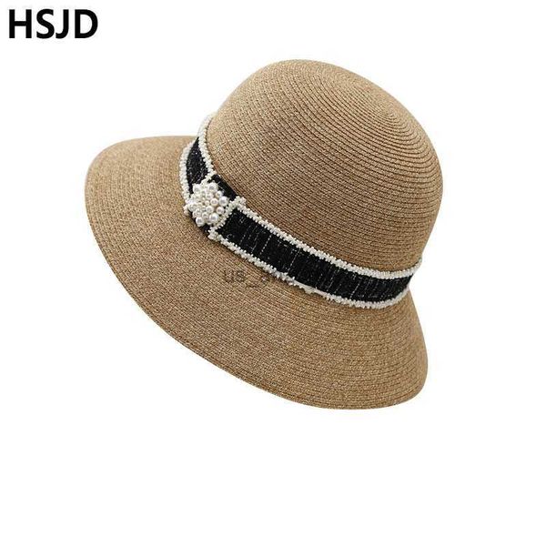 

summer womens elegant pearl lace floppy straw hats beach travel sunscreen hat wide brim foldable fashion ladies sun visor cap l230620, Blue;gray