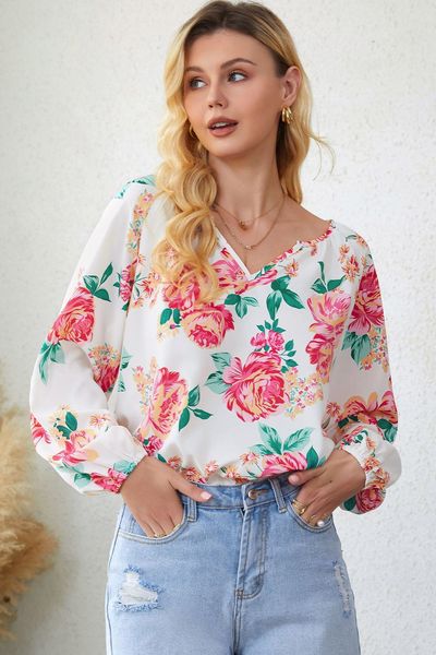

wholesale fast shipping fall women clothes floral print notch v neck puff sleeve blouse, White