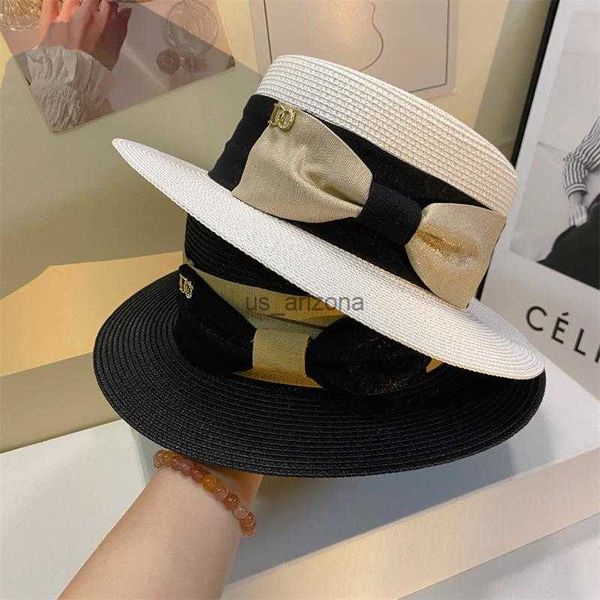 

2023 summer sun hat ladies fashion girl straw hat ribbon bowknot beach hat casual flat panama hat women visor cap l230620, Blue;gray