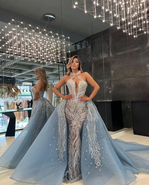 

exquisite mermaid prom dresses sleeveless v neck halter appliques beaded pearls floor length detachable train evening dress bridal gowns plu, Black