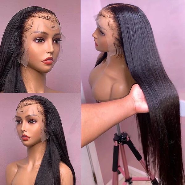 

40 inch full lace frontal wig brazilian bone straight 13x4 hd transparent human hair wigs pre plucked for women, Black;brown