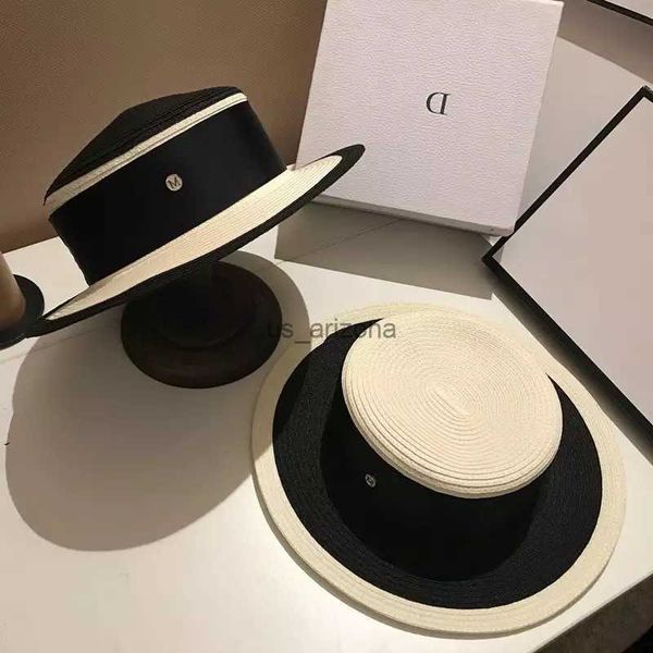 

women black white joint straw hat ribbon letter brim boater hat derby beach sun hat cap lady summer wide brim uv protect hats l230620, Blue;gray