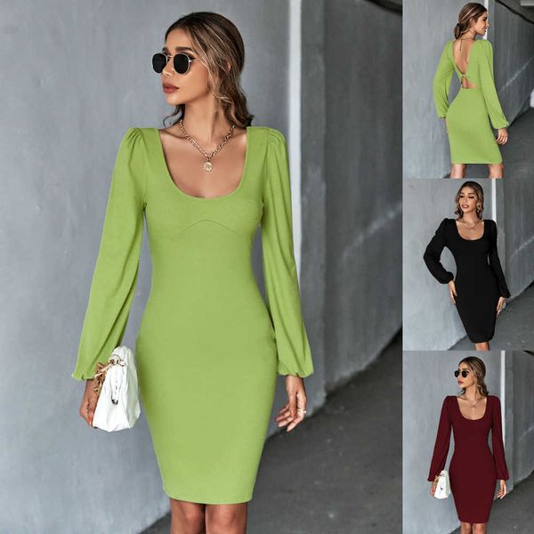 

casual dresse 2023 women's waist wrap hip knitted short u neck open back long sleeve women's dresses, Black;gray
