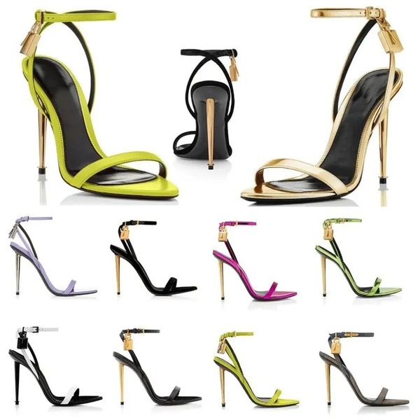 

designer sandals high-heeled womens tom-f sandal luxurys paris dress shoes classic patent leather padlock .5cm stiletto heels wedding pump, Black