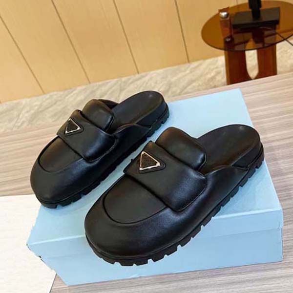 

designer womens slippers fashion genuine calfskin indoor comfortable wear resistant flat shoes size 35-42 with box, Black