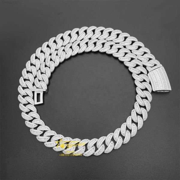 

custom fashion luxury baguette diamond 15mm miami cuban link chain hip hop jewelry moissanite cuban chain, Silver